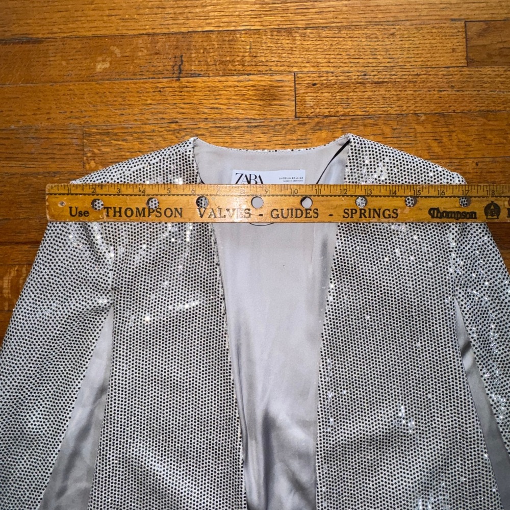 Zara Womens‎ Silver Sequin Cape Blazer Open Front Party Jacket XS 2687/001/808 - Picture 4 of 7